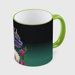 Кружка 3D Неоновый дракон с цветами, цвет: 3D-светло-зеленый кант