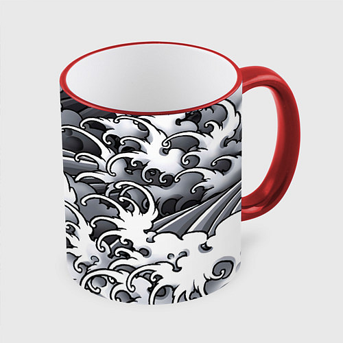 Кружка цветная Иредзуми: Черно-белые волны / 3D-Красный кант – фото 1