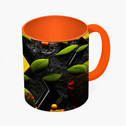 Кружка 3D Объемные зеленые листья, цвет: 3D-белый + оранжевый