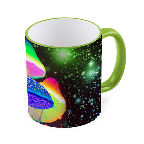 Кружка цветная Волшебные светящиеся грибы и звезды / 3D-Светло-зеленый кант – фото 1