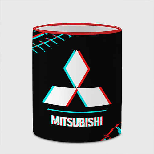 Кружка цветная Значок Mitsubishi в стиле glitch на темном фоне / 3D-Красный кант – фото 2