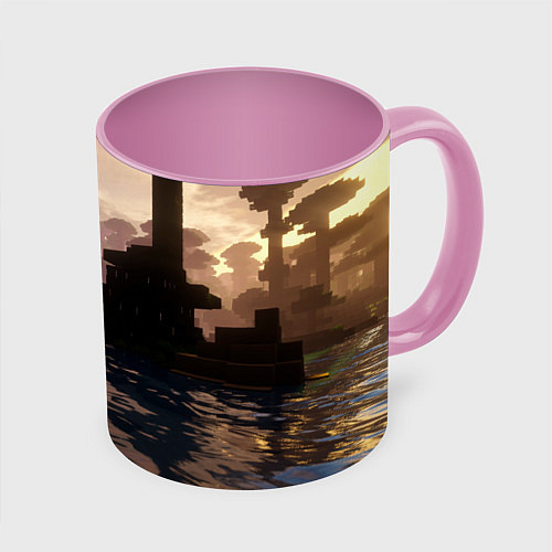 Кружка цветная Minecraft - река в лесу / 3D-Белый + розовый – фото 1