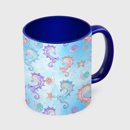 Кружка цветная Морские коньки - паттерн / 3D-Белый + синий – фото 1