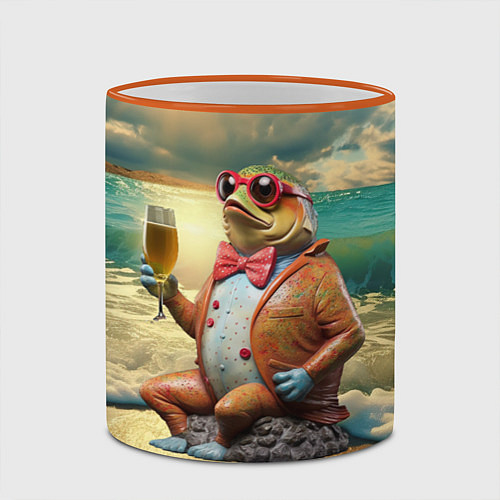 Кружка цветная Карп на берегу пьет пиво / 3D-Оранжевый кант – фото 2