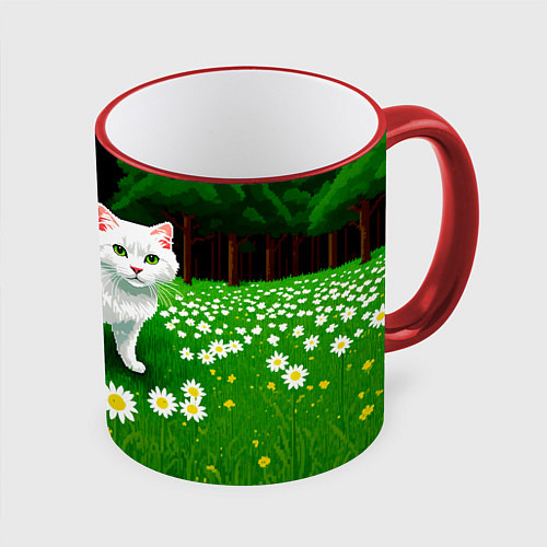 Кружка цветная Белый кот на лугу пиксель арт / 3D-Красный кант – фото 1