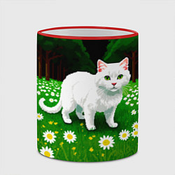 Кружка 3D Белый кот на лугу пиксель арт, цвет: 3D-красный кант — фото 2