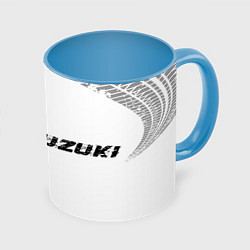 Кружка 3D Suzuki speed на светлом фоне со следами шин: надпи, цвет: 3D-белый + небесно-голубой
