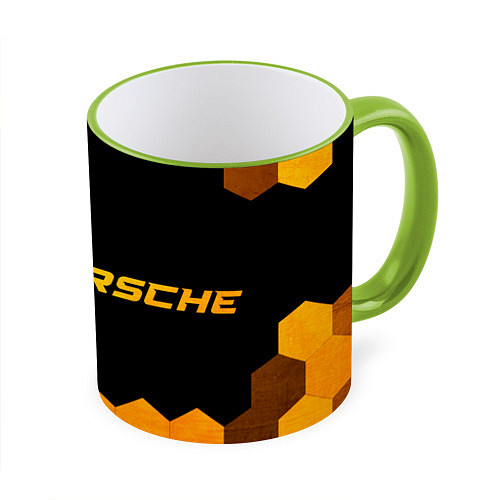 Кружка цветная Porsche - gold gradient: надпись и символ / 3D-Светло-зеленый кант – фото 1