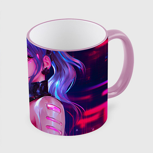 Кружка цветная Кибер-девушка неон аниме / 3D-Розовый кант – фото 1