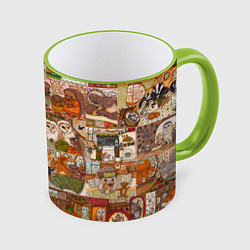 Кружка 3D Коллаж из сказочных зверей - совы, белки, ёжики, цвет: 3D-светло-зеленый кант