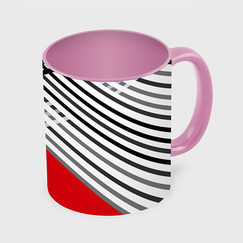 Кружка цветная Косые черно-белые полосы на красном / 3D-Белый + розовый – фото 1