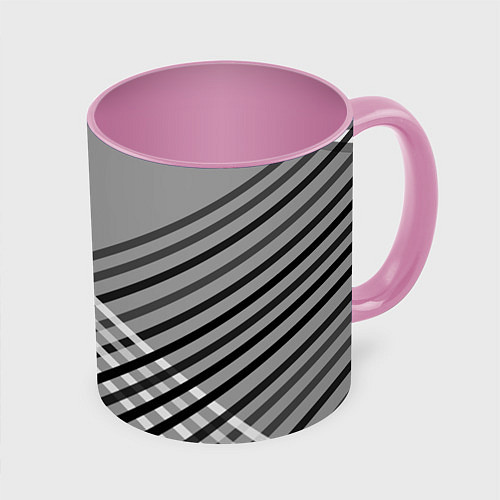 Кружка цветная Косые черно-белые полосы на сером / 3D-Белый + розовый – фото 1