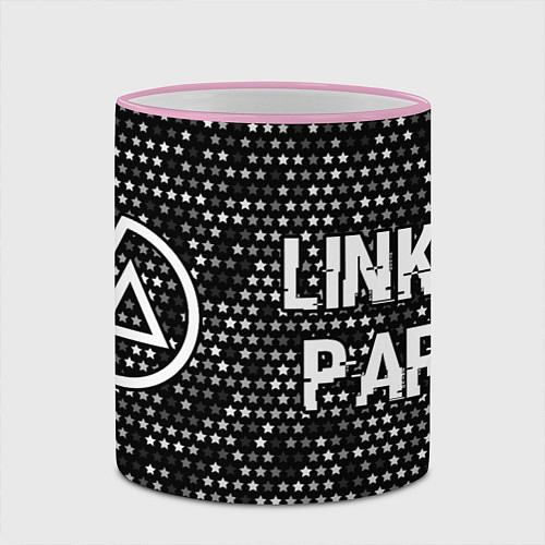 Кружка цветная Linkin Park glitch на темном фоне: надпись и симво / 3D-Розовый кант – фото 2
