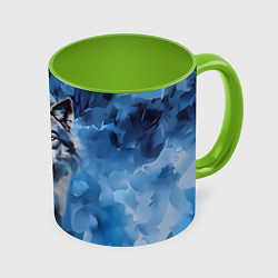 Кружка 3D Голова волка на ледяном фоне, цвет: 3D-белый + светло-зеленый