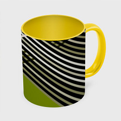 Кружка 3D Косые черно-белые полосы на оливковом фоне, цвет: 3D-белый + желтый