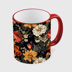 Кружка 3D Цветочный паттерн на черном, цвет: 3D-красный кант
