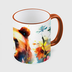 Кружка 3D Морда медведя гризли с цветами акварелью, цвет: 3D-оранжевый кант