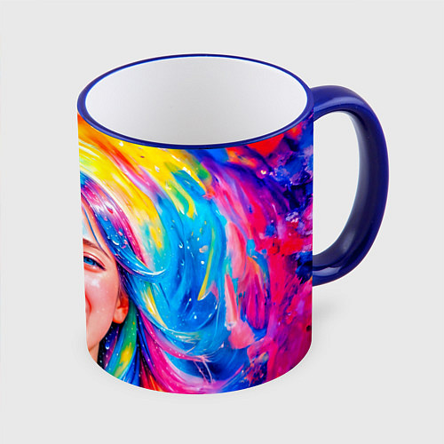 Кружка цветная Девушка с красочными волосами в каплях воды / 3D-Синий кант – фото 1