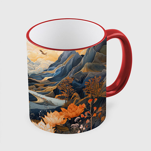 Кружка цветная Солнечное утро в цветущих горах / 3D-Красный кант – фото 1