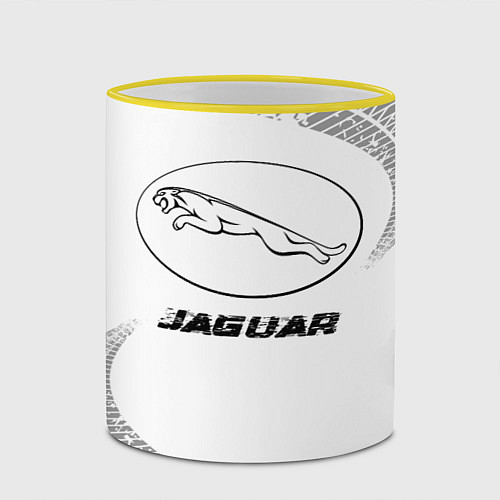 Кружка цветная Jaguar speed на светлом фоне со следами шин / 3D-Желтый кант – фото 2