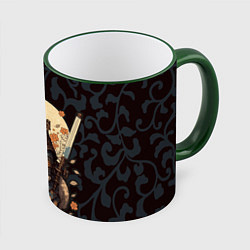 Кружка 3D Кот якудза - японский воин, цвет: 3D-зеленый кант