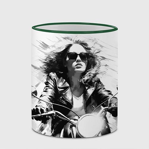 Кружка цветная Девушка на ретро мотоцикле / 3D-Зеленый кант – фото 2