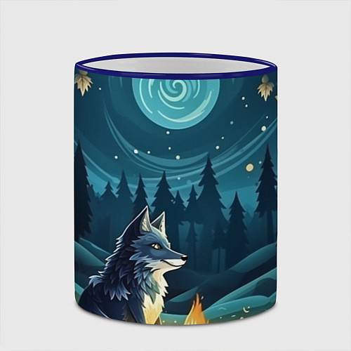 Кружка цветная Волк у костра в стиле фолк-арт / 3D-Синий кант – фото 2