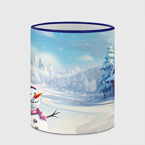 Кружка цветная Новогодний пейзаж снеговик / 3D-Синий кант – фото 2