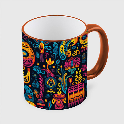 Кружка цветная Узор в мексиканском стиле / 3D-Оранжевый кант – фото 1