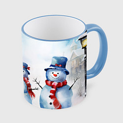 Кружка 3D Новогодний день со снеговиком, цвет: 3D-небесно-голубой кант