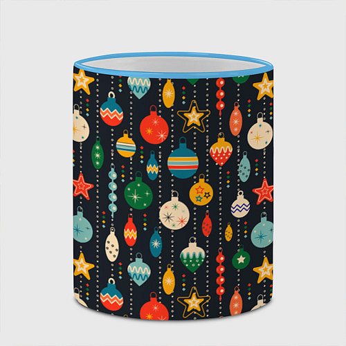 Кружка цветная Новогодние ёлочные игрушки на черном фоне / 3D-Небесно-голубой кант – фото 2