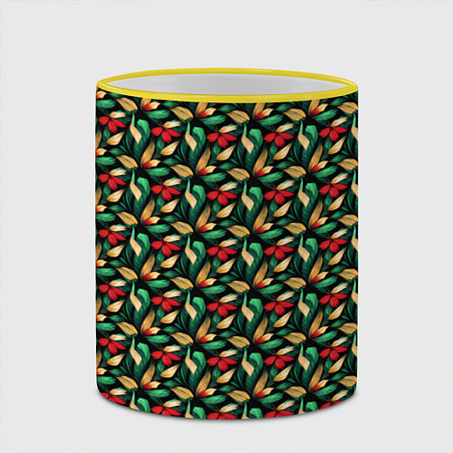 Кружка цветная Красные цветы с листьями / 3D-Желтый кант – фото 2