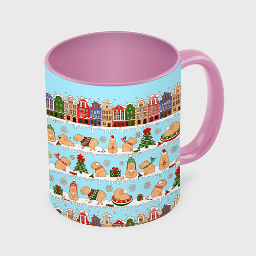 Кружка цветная Капибара с семьей на прогулке / 3D-Белый + розовый – фото 1