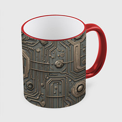 Кружка 3D Металлическая ржавая обшивка с микросхемами и гайк, цвет: 3D-красный кант