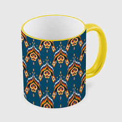 Кружка 3D Узбекская имитация ткани икат - синий орнамент, цвет: 3D-желтый кант