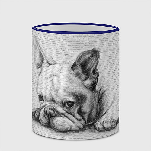 Кружка цветная Французский бульдог чб рисунок на стене / 3D-Синий кант – фото 2
