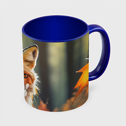 Кружка 3D Портрет лисы с осенними листьями, цвет: 3D-белый + синий