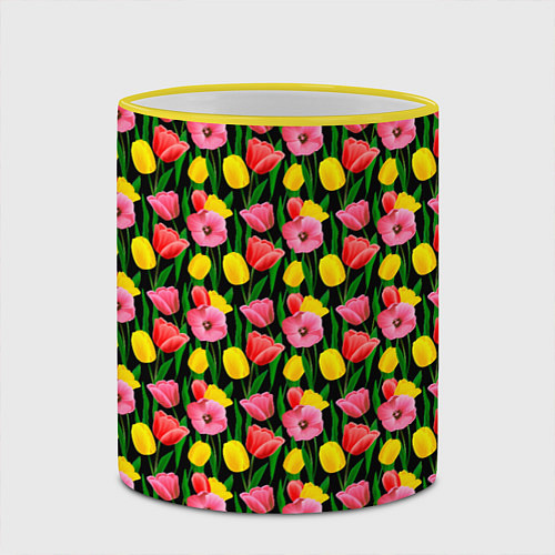 Кружка цветная Разноцветные тюльпаны / 3D-Желтый кант – фото 2
