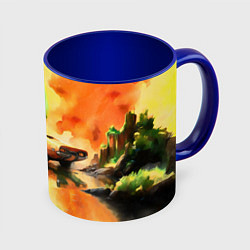 Кружка цветная Машина на оранжево зеленом фоне акварель