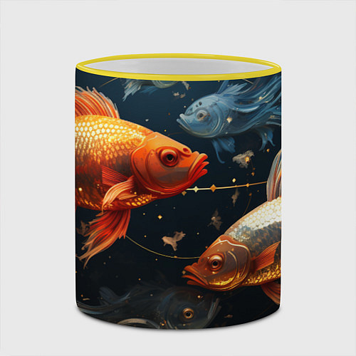 Кружка цветная Рыбки на темном фоне / 3D-Желтый кант – фото 2