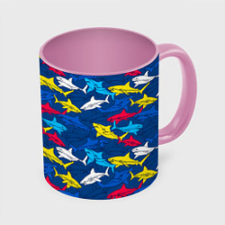 Кружка 3D Разноцветные акулы на глубине, цвет: 3D-белый + розовый