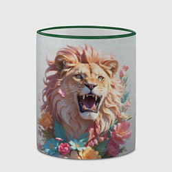 Кружка 3D Голова льва в цветах на холсте, цвет: 3D-зеленый кант — фото 2