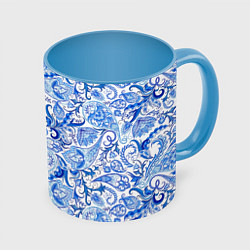 Кружка 3D Гжельская роспись на белом фоне, цвет: 3D-белый + небесно-голубой