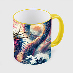 Кружка 3D Japanese dragon and sakura - engraving, цвет: 3D-желтый кант