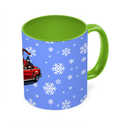 Кружка 3D Дед Мороз едет на машине, цвет: 3D-белый + светло-зеленый