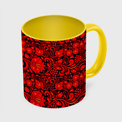 Кружка 3D Хохломская роспись красные цветы и ягоды на чёрном, цвет: 3D-белый + желтый