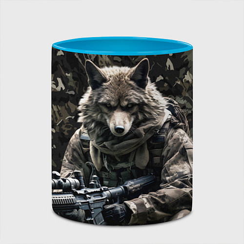 Кружка цветная Волк солдат в камуфляже / 3D-Белый + небесно-голубой – фото 2