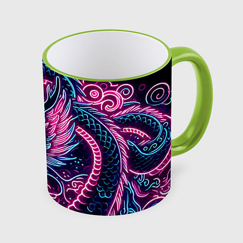 Кружка цветная Neon Japanese dragon - irezumi / 3D-Светло-зеленый кант – фото 1