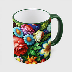 Кружка 3D Жостово роспись цветы традиционный узор, цвет: 3D-зеленый кант