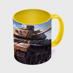 Кружка 3D Русская боевая девушка на фоне танка, цвет: 3D-белый + желтый